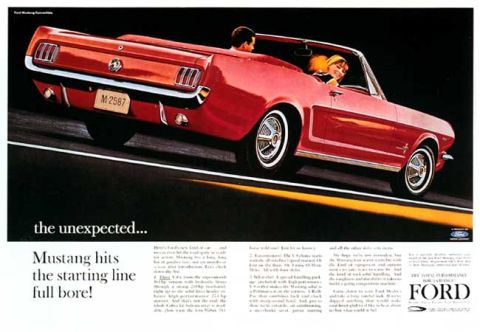 1982 Ford Mustang - Red convertible Ford Mustang driving on a road, with text advertising the car's performance.