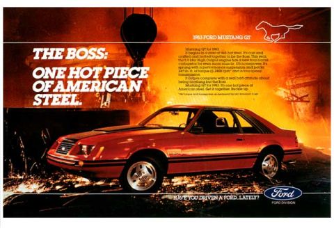 1982 Ford Mustang - Advertisement for the 1982 Ford Mustang GT, highlighting its performance and American steel construction.