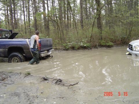 2005 Dodge 1500 - A person stands beside a blue pickup truck that is stuck in a muddy, water-filled area, with another vehicle partially visible in the dista…