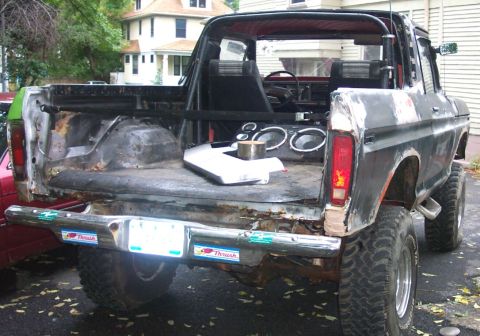 1978 Ford Bronco - This 1978 Ford Bronco is modified with a lift kit and large tires, showing some wear and tear.