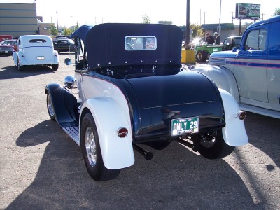 1972 Ford Ranchero - Rear view of a 1929 Ford Model A Roadster hot rod, a two-tone paint scheme and a custom license plate.
