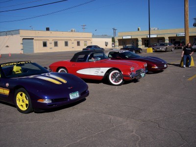 1972 Ford Ranchero - Three Corvettes parked in a lot on a sunny day.