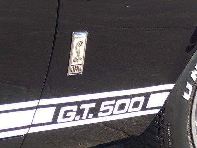 1972 Ford Ranchero - Close-up of a Shelby GT500 emblem and side stripe on a black vehicle.