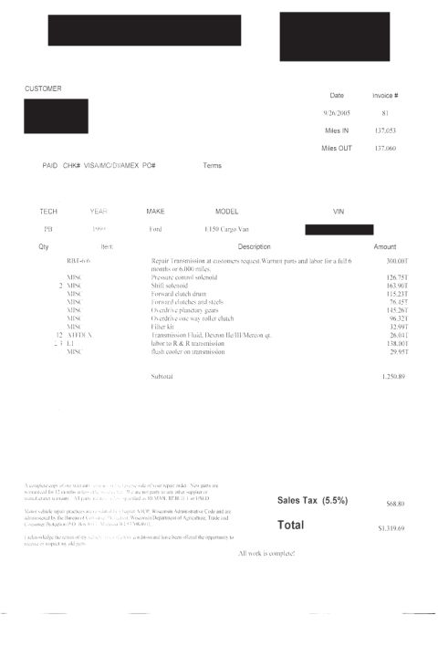 1999 Ford E150 - This document is a repair invoice for a 1999 Ford E150 cargo van, listing transmission service details.