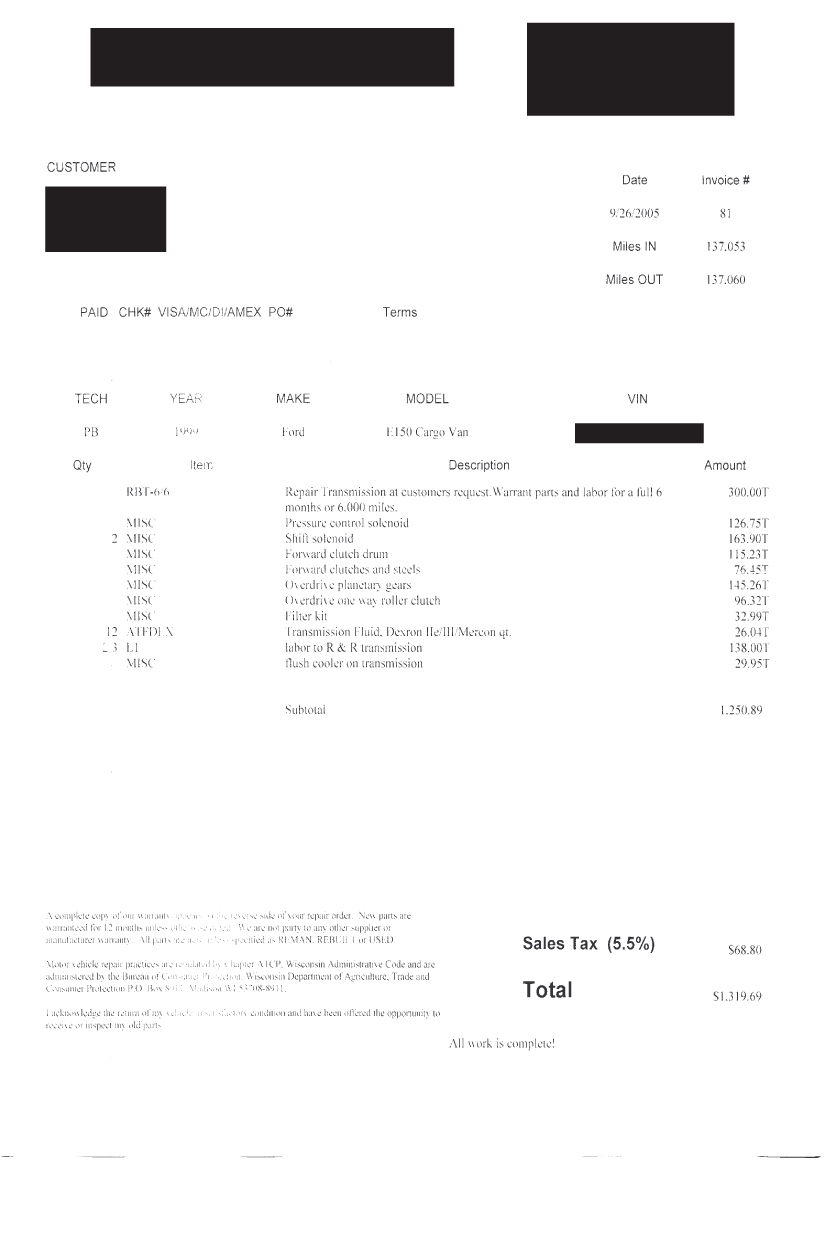Repair invoice for a 1999 Ford E150 cargo van, detailing transmission repair and parts
