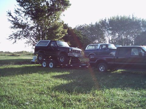 1986 Ford Bronco - Black Ford Bronco loaded onto a trailer, with other vehicles in the background.