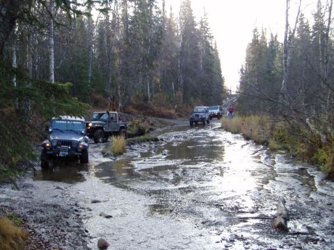 2000 Ford E350 - Multiple Jeeps traverse a challenging, waterlogged dirt path through a dense forest.