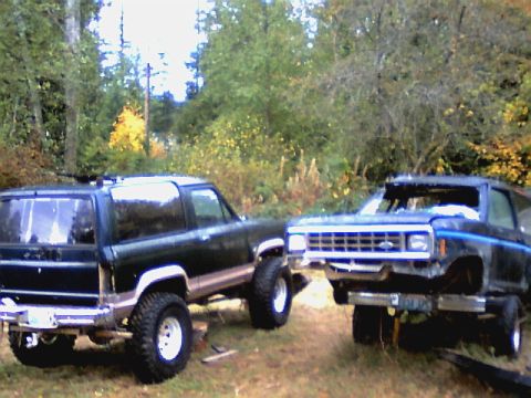 1987 Ford Bronco II - Two Ford Bronco II SUVs are parked in an outdoor setting with trees in the background.