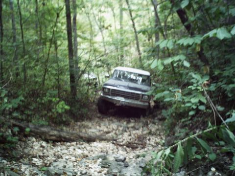 1986 Ford Bronco - A 1980s Ford Bronco navigates a rocky, off-road path through a dense forest.