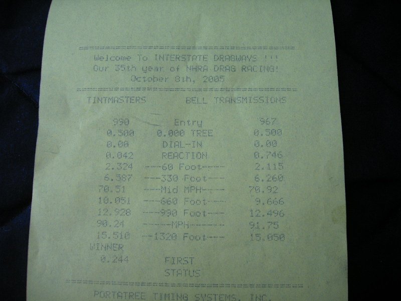 Paper drag racing time slip with columns for entry, dial-in, and reaction times