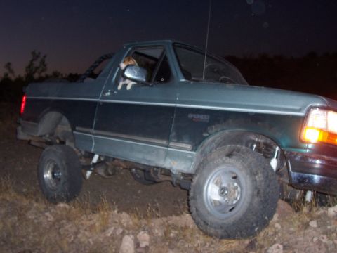 1996 Ford Bronco - A dog looks out the window of a lifted green Ford Bronco parked on a dirt path at night.