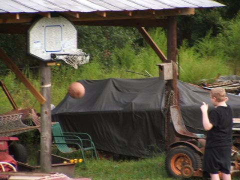 1966 Ford Ranchero - A vehicle is covered by a tarp in a yard with a basketball hoop and a person.