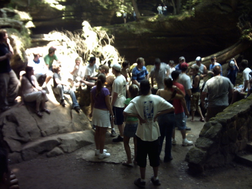 Group of people gathered in a rocky, wooded area with sunlight filtering through the trees