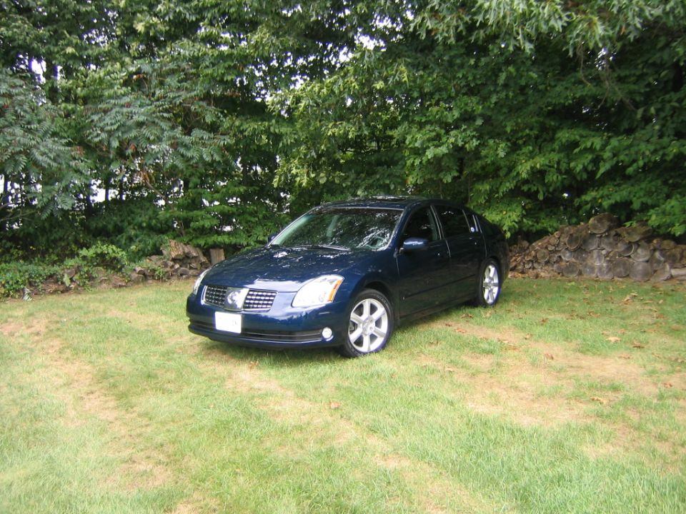 Dark blue mid-2000s Nissan sedan on grass, front three-quarter view