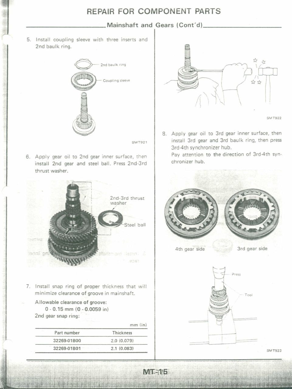 Service manual page on transmission mainshaft and gear repair with diagrams and specs