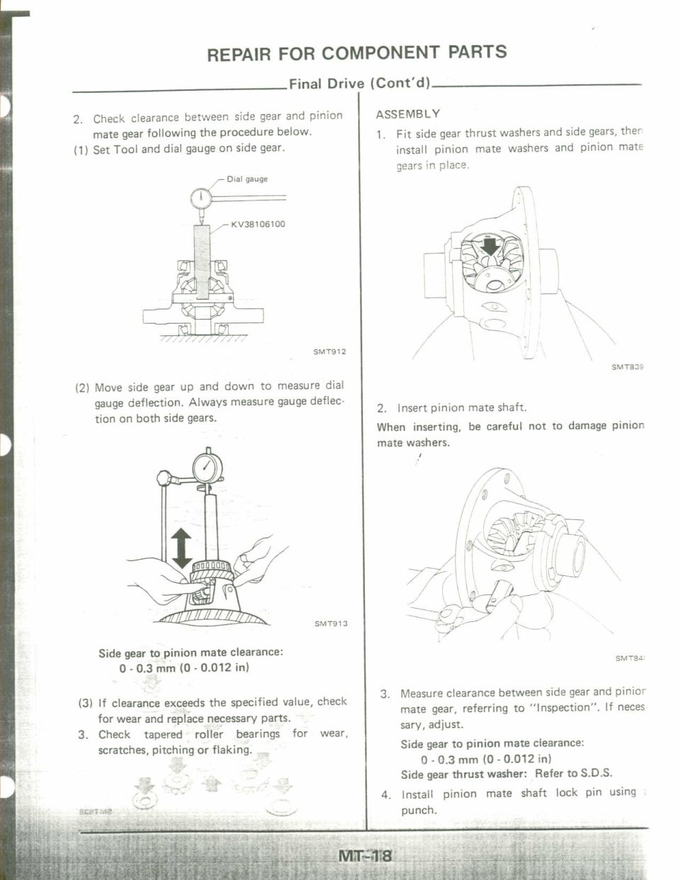 Service manual page MT-18 showing differential final drive assembly and clearance measurement diagrams.