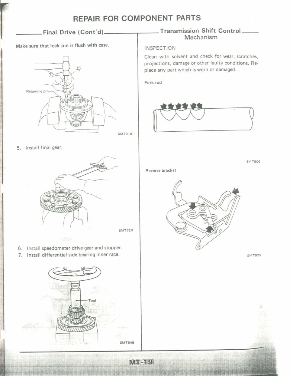 Final drive and shift control repair: retaining pin, final gear, speedometer gear, fork rod and reverse bracket inspection