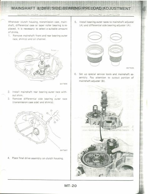 1990 Nissan Micra - This page from a service manual details the process for adjusting transmission bearing preload with diagrams.
