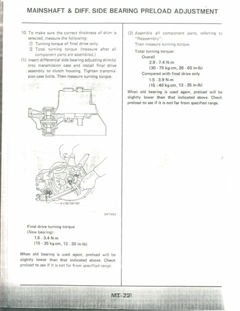 1990 Nissan Micra - This document details the procedure for adjusting the mainshaft and differential side bearing preload, including torque specifications.
