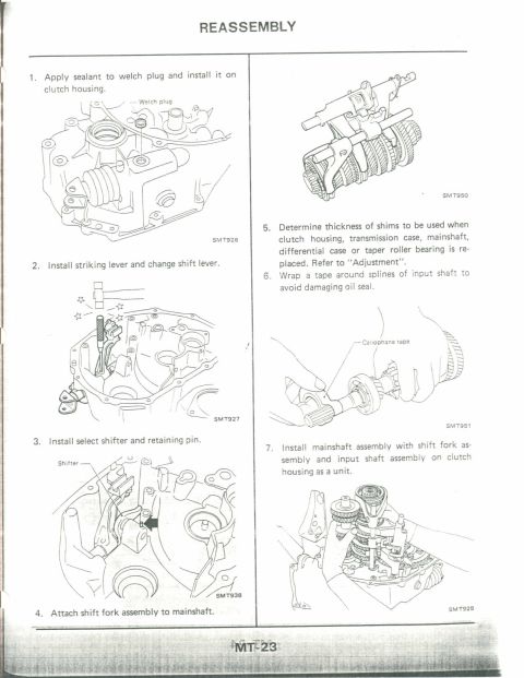 1990 Nissan Micra - Page MT-23 from a Nissan service manual details transmission reassembly procedures with step-by-step diagrams.
