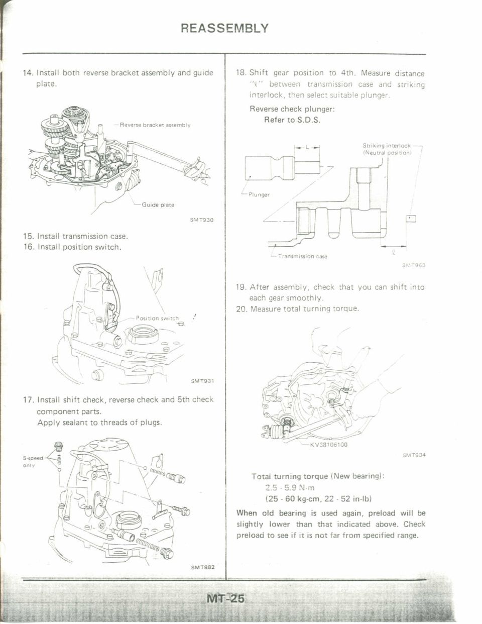Manual transaxle reassembly steps for reverse bracket, position switch and total turning torque check
