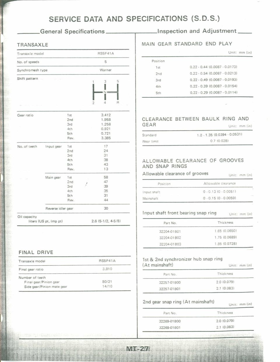 Service manual page with transaxle RS5F41A specifications and gear ratio tables