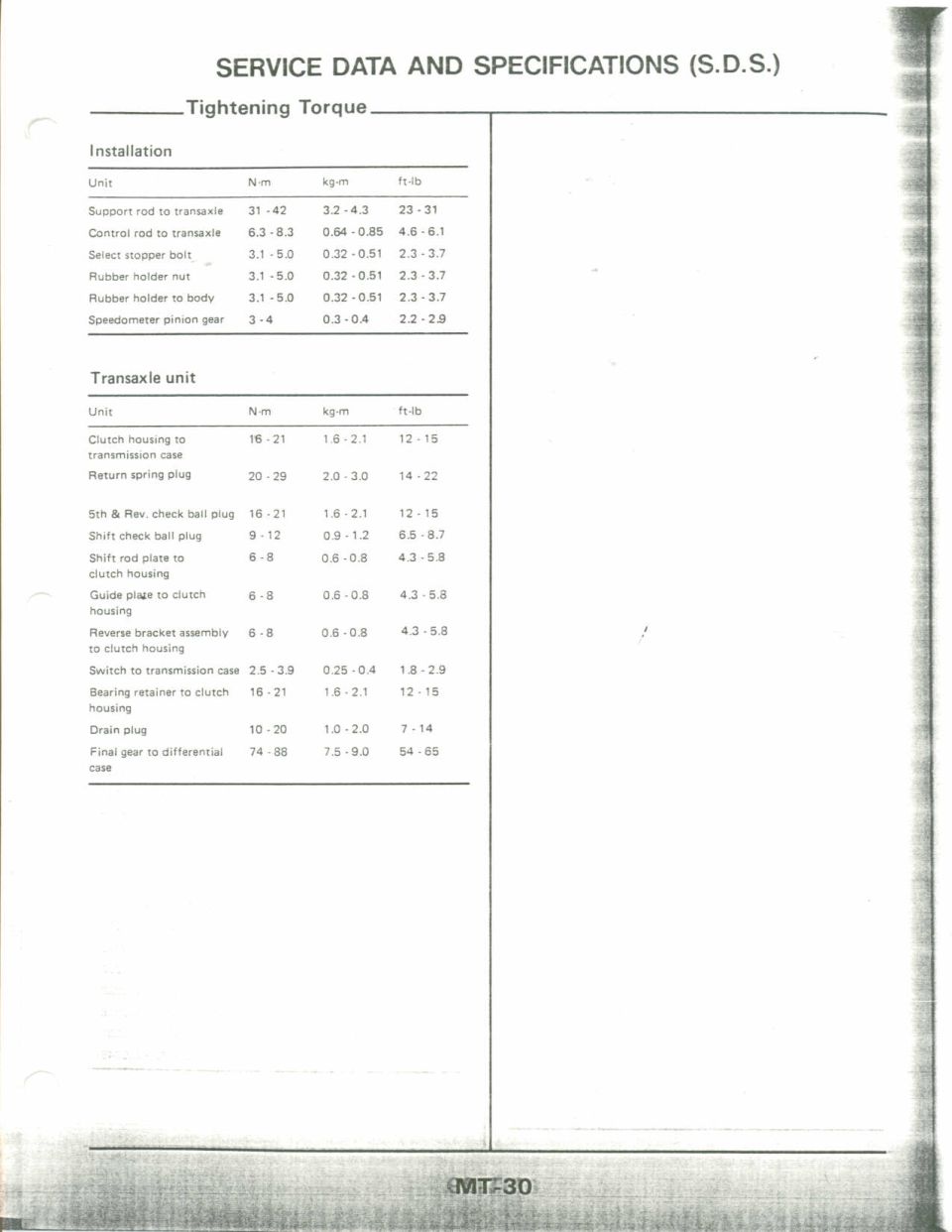 Service Data and Specifications tightening torque chart for transaxle and shift linkage fasteners