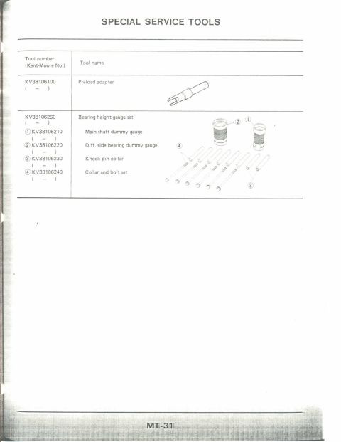 1990 Nissan Micra - Page from a service manual detailing special tools, including a preload adapter and bearing height gauge set.