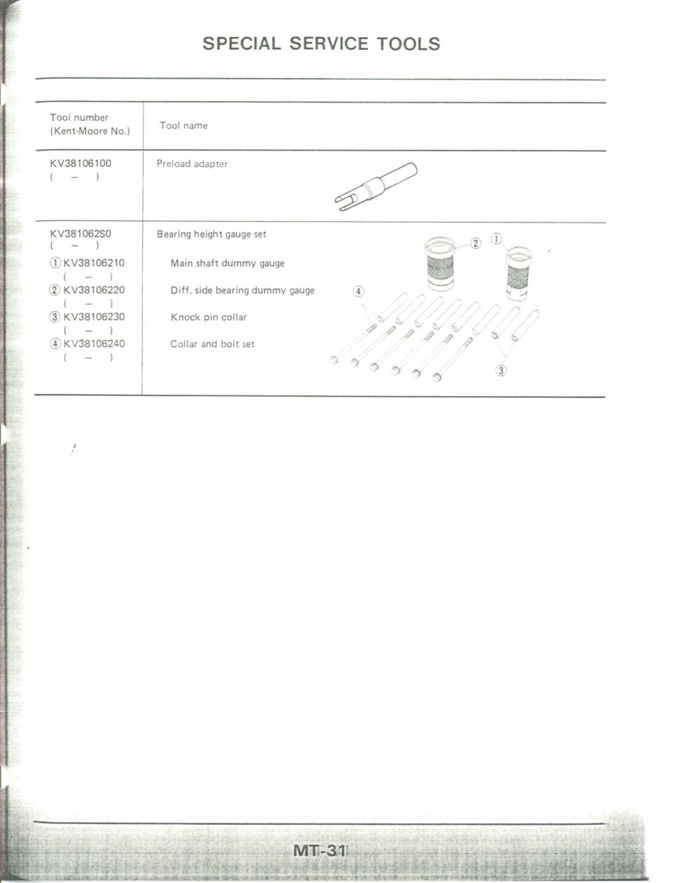 Service manual page MT-31 listing KV-series special service tools for transmission bearing setup