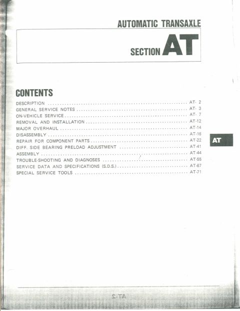 1990 Nissan Micra - This document outlines the contents of an automatic transaxle service manual, detailing various service procedures and specifications.