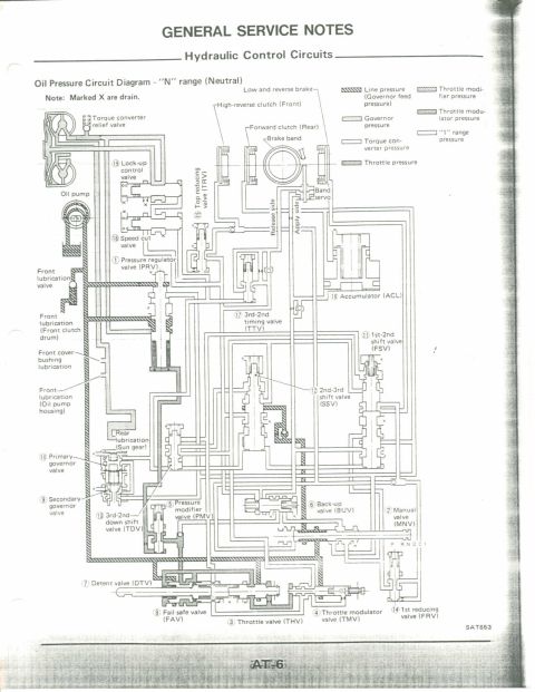 1990 Nissan Micra - This diagram details the hydraulic control circuits and oil pressure system, labeled AT-6.