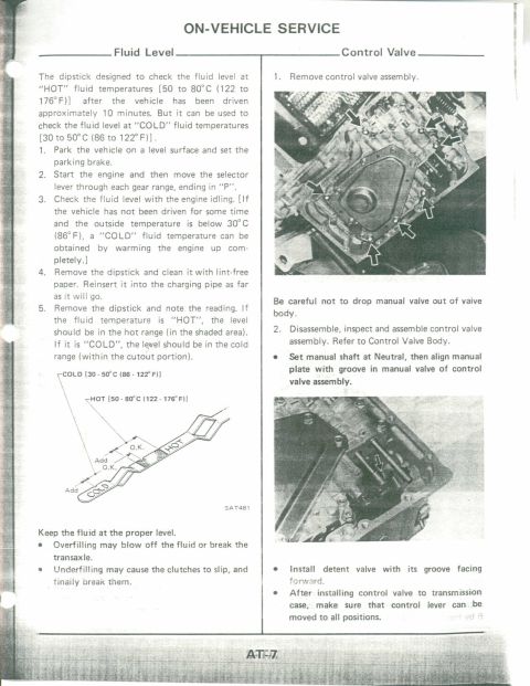 1990 Nissan Micra - This document page details fluid level checks and control valve service procedures.