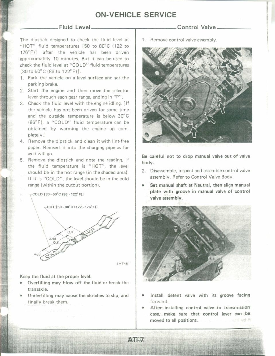 Transmission service manual page with dipstick diagram and control valve photos, page AT-7.