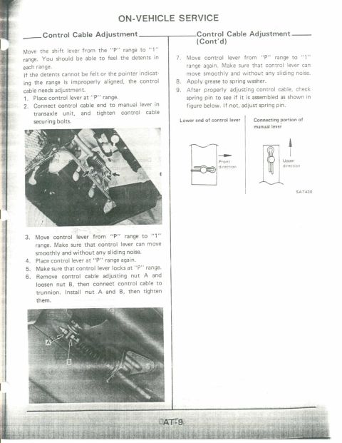 1990 Nissan Micra - This document details control cable adjustment procedures with accompanying diagrams.