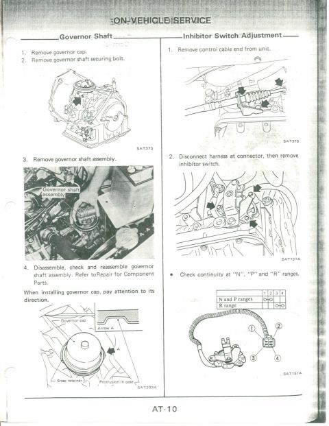 1990 Nissan Micra - This document page details the governor shaft and inhibitor switch adjustment procedures with accompanying diagrams.