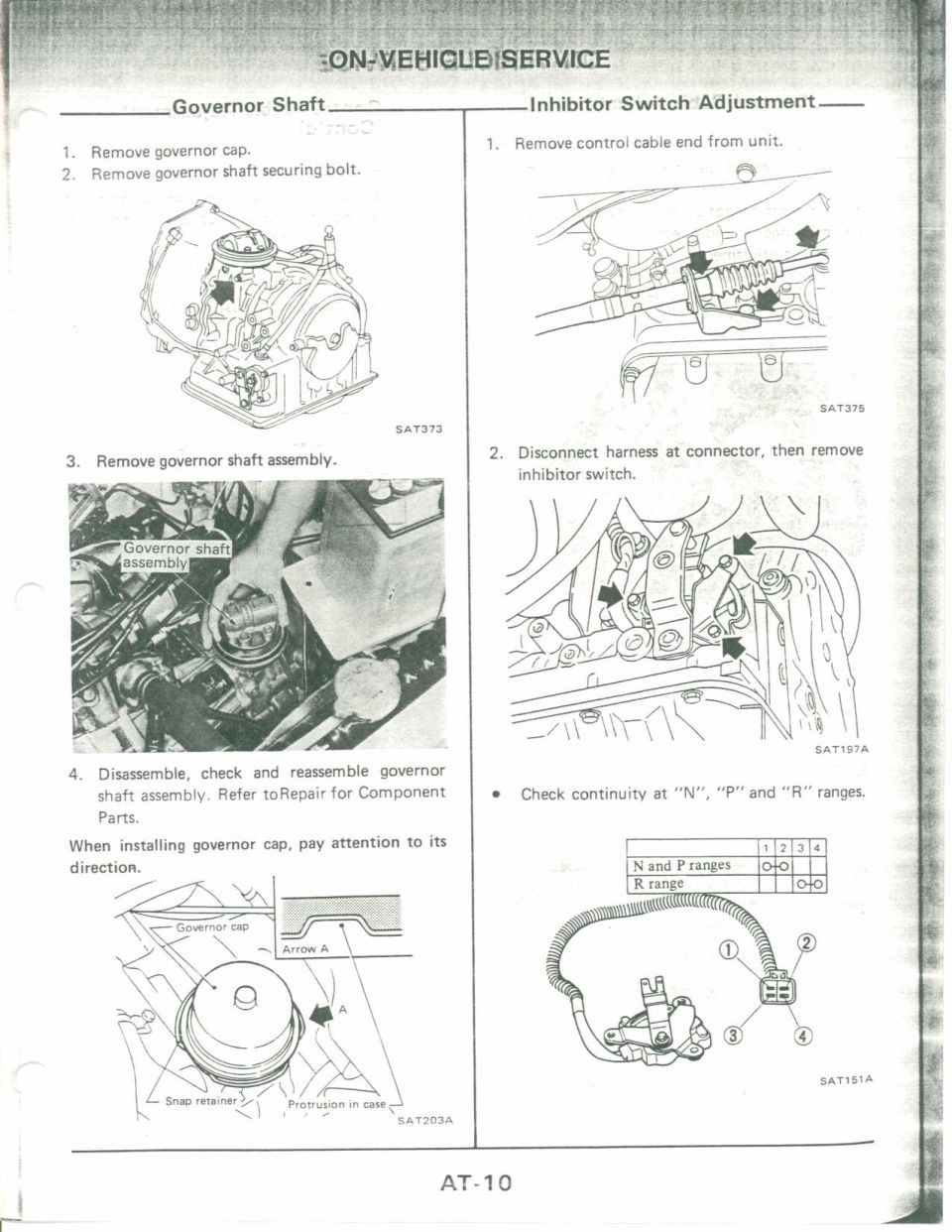 On-vehicle service: governor shaft removal and inhibitor switch adjustment with continuity chart