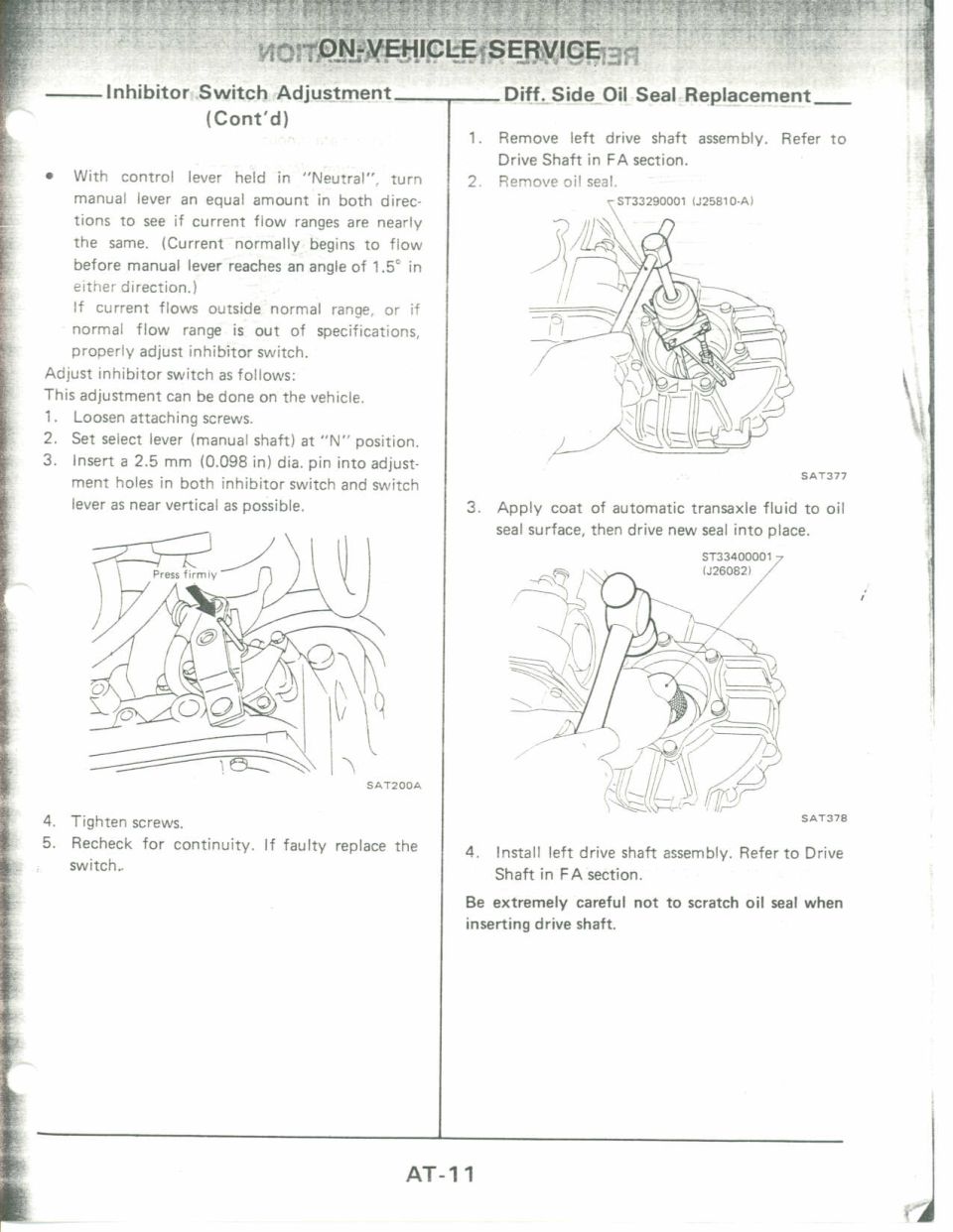 Service manual page AT-11 on inhibitor switch adjustment and diff side oil seal replacement