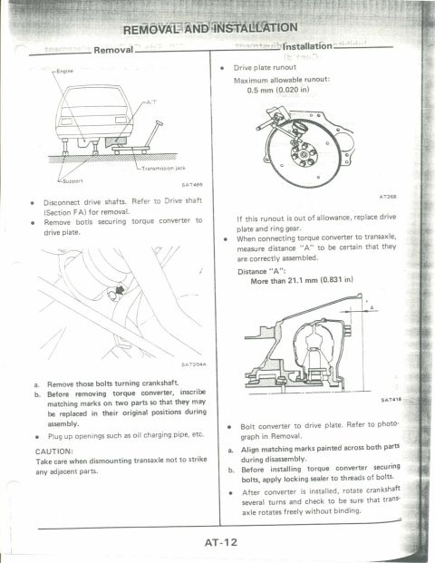 1990 Nissan Micra - This document details the removal and installation procedures for a vehicle's transmission and related components.
