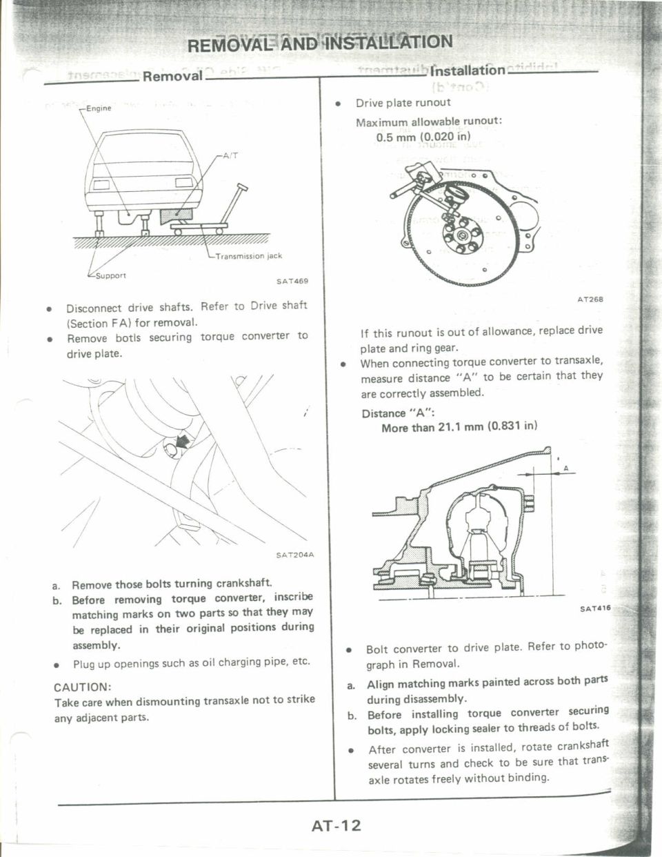 Automatic transaxle removal and installation: torque converter to drive plate with runout spec