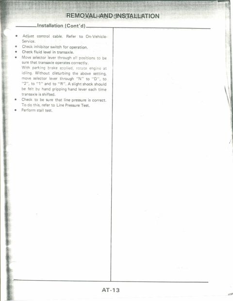1990 Nissan Micra - This document page outlines installation procedures and service checks for a vehicle component.