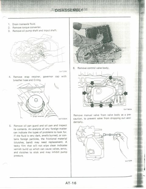 1990 Nissan Micra - Page AT-16 from a service manual details transmission disassembly steps with diagrams.