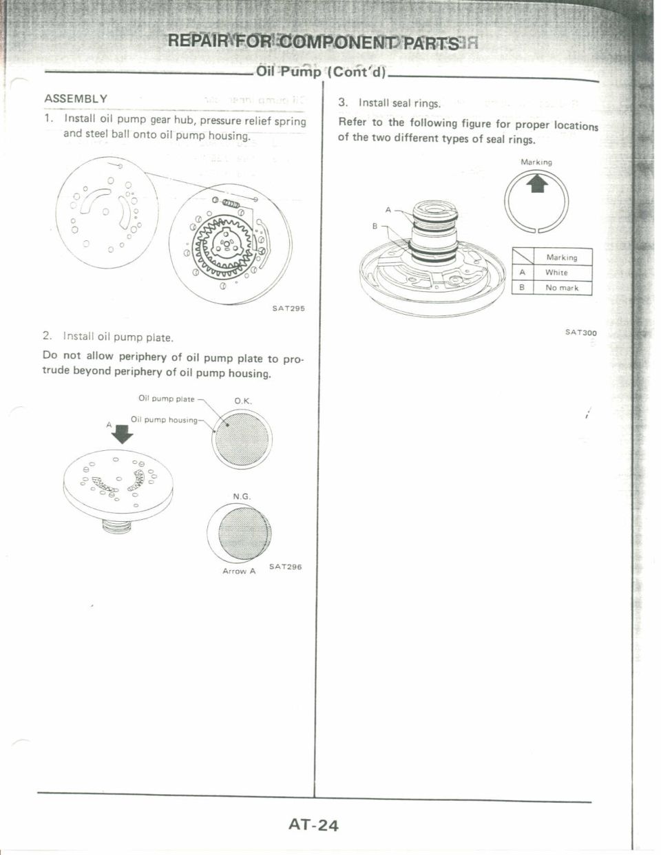Service manual page AT-24 with oil pump assembly diagrams