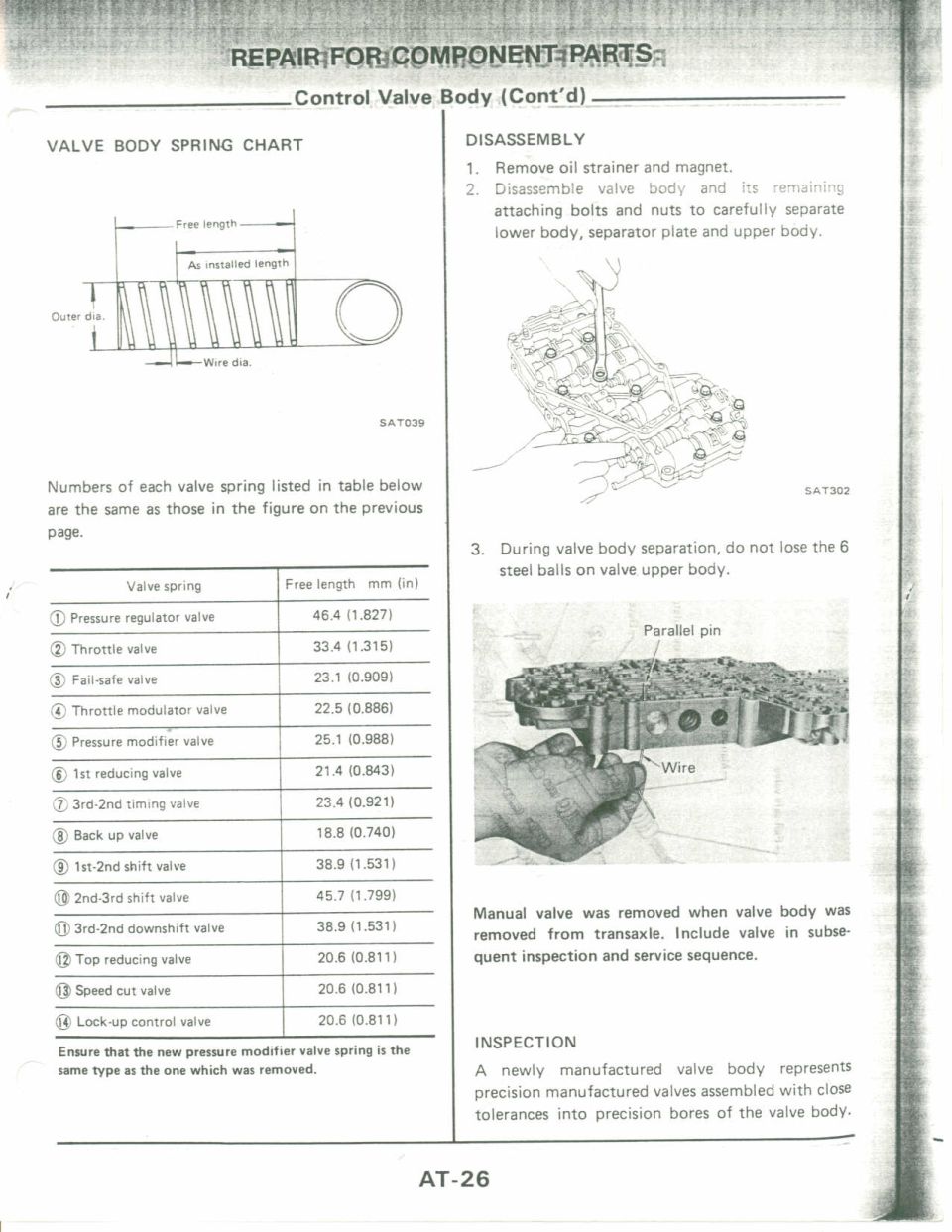 Service manual page on automatic transmission control valve body with spring chart and disassembly diagrams