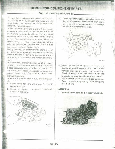 1990 Nissan Micra - This diagram illustrates the internal workings of a control valve body, detailing oil passages and assembly instructions.