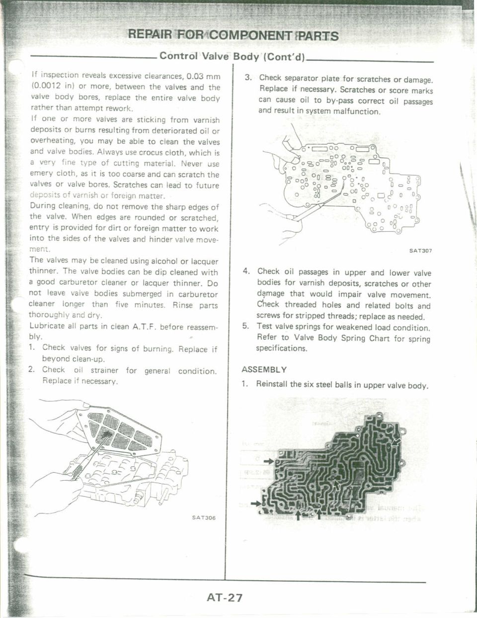 Control valve body cleaning and assembly notes with valve body photos and separator plate inspection figures