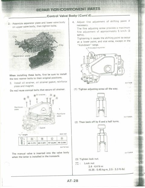 1990 Nissan Micra - Page AT-28 from a repair manual details component parts for a control valve body.