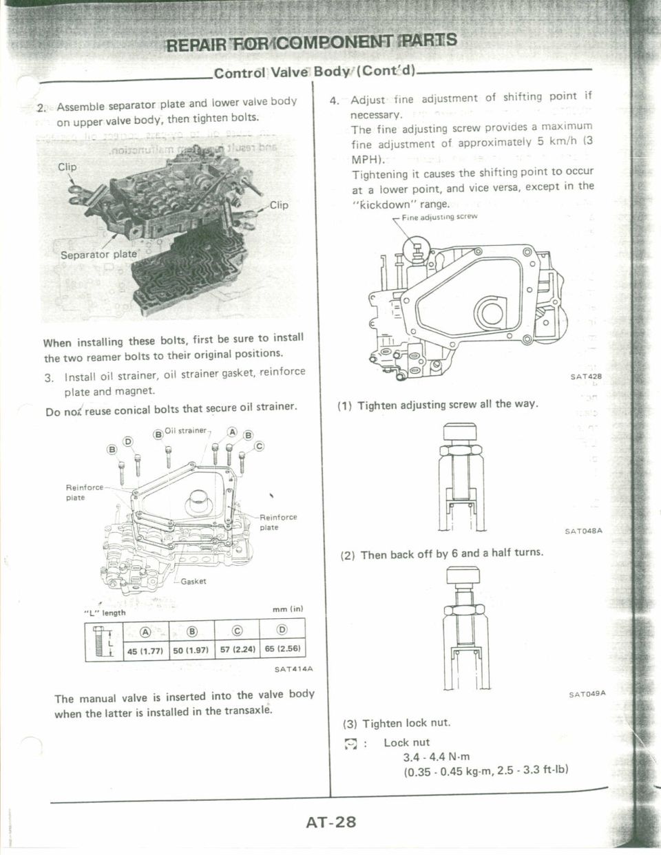 Service manual page AT-28 on automatic transaxle control valve body assembly and adjustment