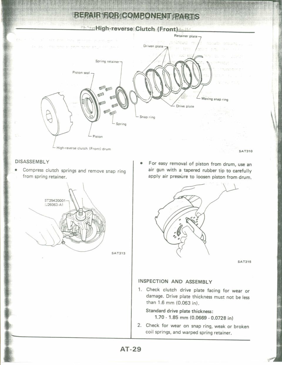 High-reverse clutch exploded diagram with piston, springs, plates, snap rings plus disassembly figures