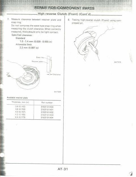 1990 Nissan Micra - This document page details testing and specifications for a high-reverse clutch, including diagrams and a parts table.