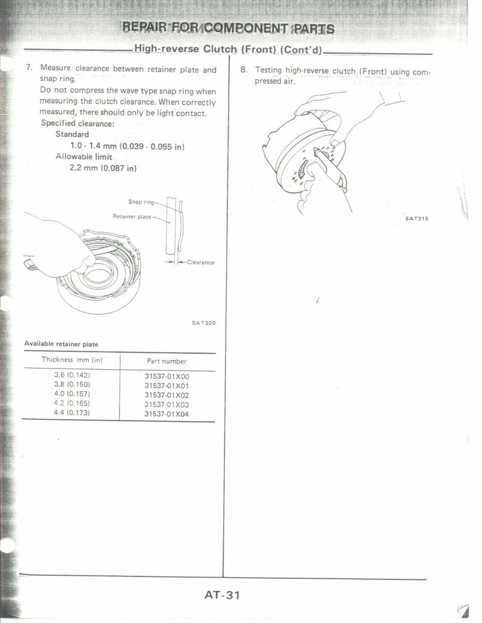 Service manual page AT-31 on high-reverse clutch clearance with retainer plate part table